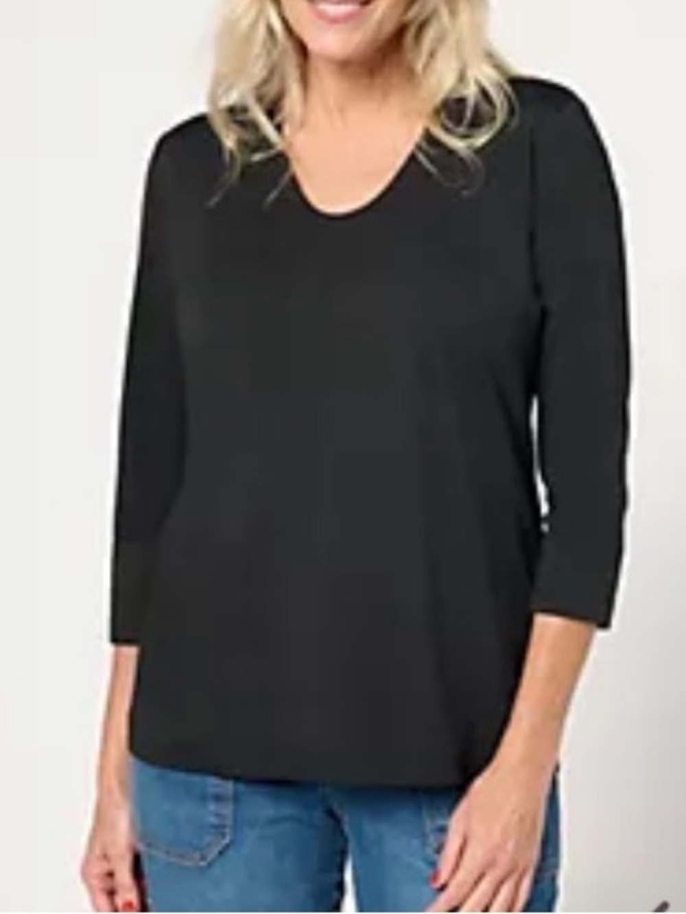 New Denim & Co. Essentials Luxe Black Jersey 3/4 Sleeve U-Neck Top / Size XL